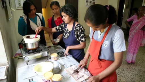 Students tempering chocolates